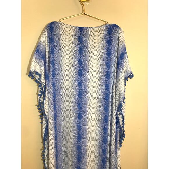 Buddy Love Snake Print Maxi Caftan M Blue White Pom Pom Trim - Picture 7 of 8